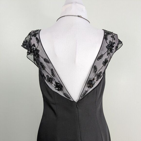 Maxi Dress Evening Gown Satin Sheer Beaded Mermaid Prom Formal Beaded Black 10 - Picture 3 of 11